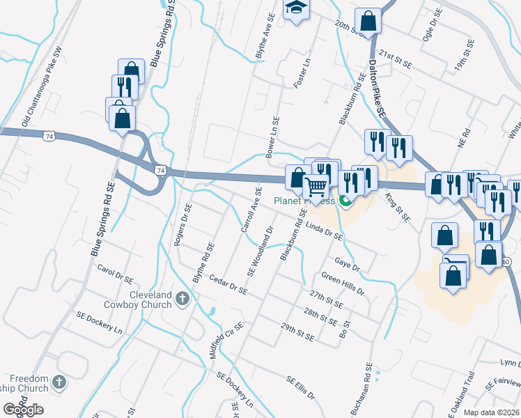 map of restaurants, bars, coffee shops, grocery stores, and more near 2505 Carroll Avenue Southeast in Cleveland