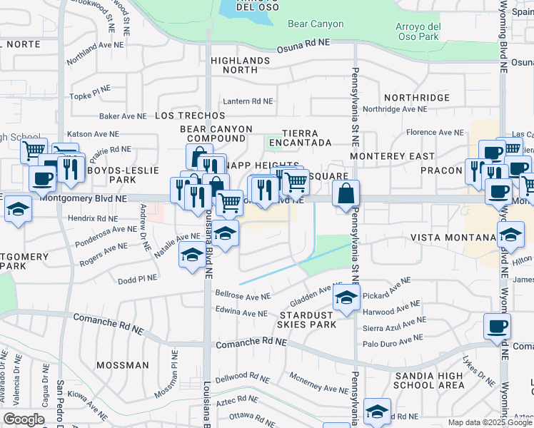 map of restaurants, bars, coffee shops, grocery stores, and more near 7200 Montgomery Boulevard Northeast in Albuquerque