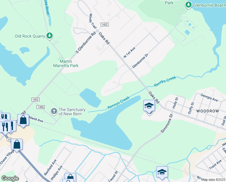 map of restaurants, bars, coffee shops, grocery stores, and more near 213 Trappers Trail in New Bern