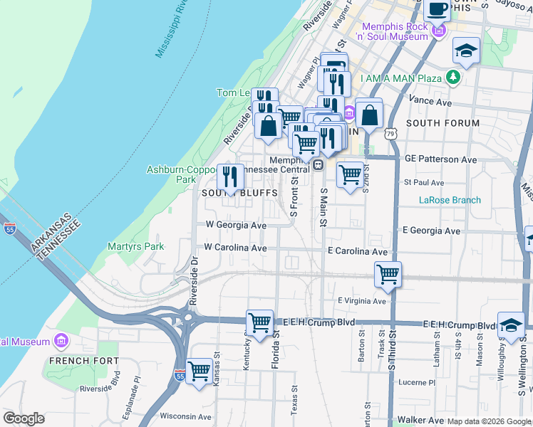 map of restaurants, bars, coffee shops, grocery stores, and more near 34 East Riverview Drive in Memphis