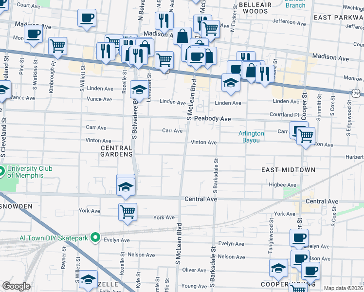 map of restaurants, bars, coffee shops, grocery stores, and more near 585 South McLean Boulevard in Memphis