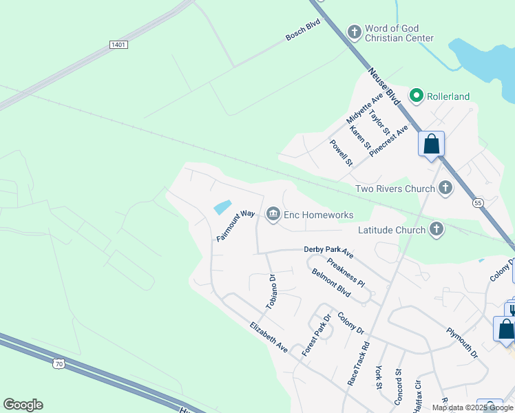 map of restaurants, bars, coffee shops, grocery stores, and more near 203 Saratoga Lane in New Bern