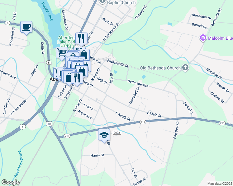 map of restaurants, bars, coffee shops, grocery stores, and more near 200 Blue Street in Aberdeen