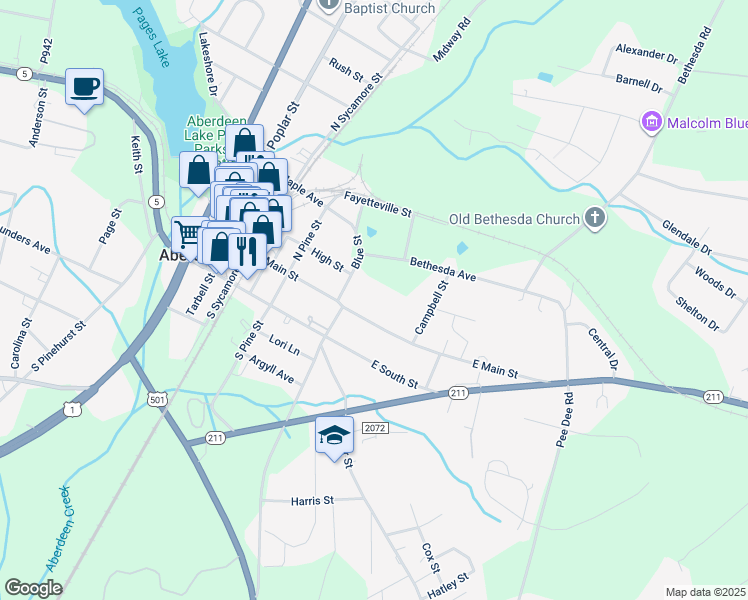 map of restaurants, bars, coffee shops, grocery stores, and more near 200 Blue Street in Aberdeen