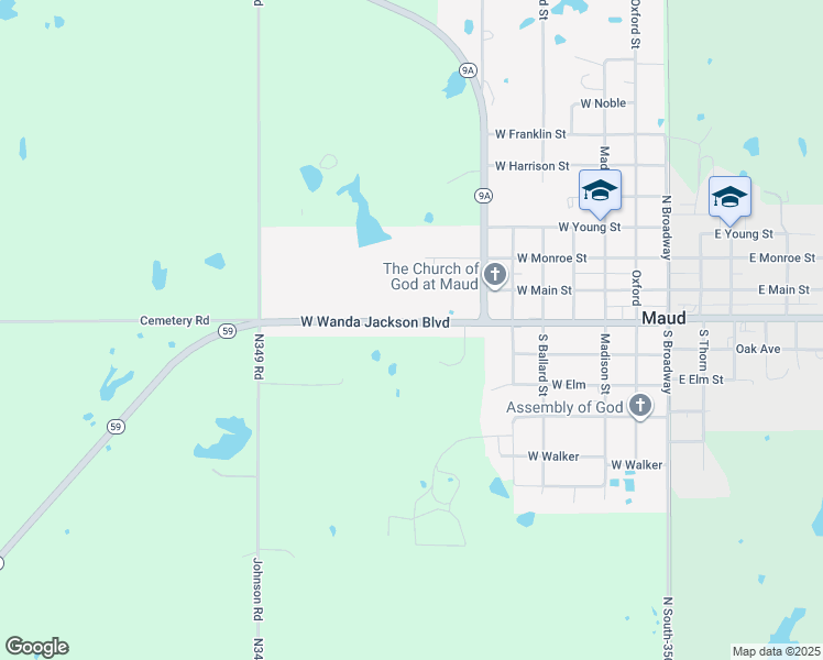 map of restaurants, bars, coffee shops, grocery stores, and more near 801 West Wanda Jackson Boulevard in Maud
