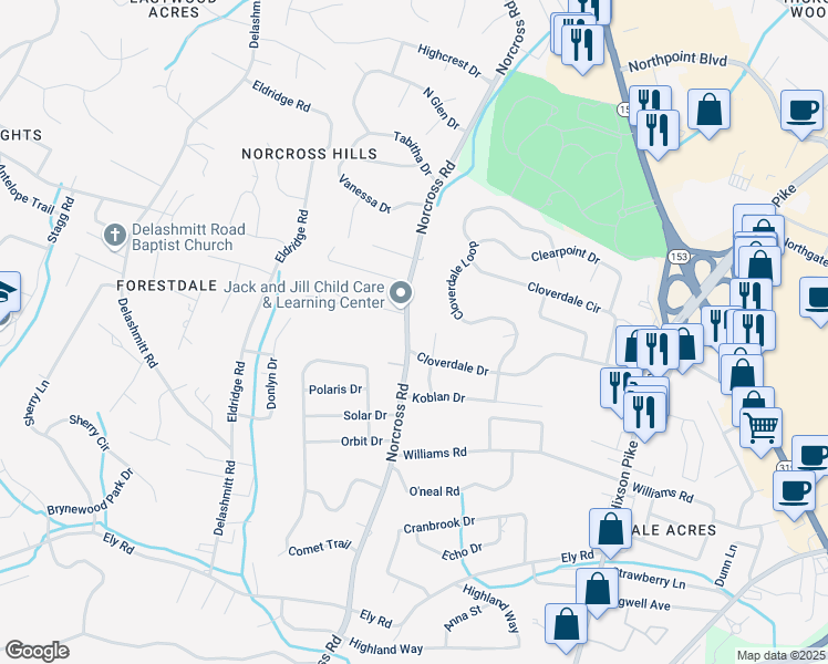 map of restaurants, bars, coffee shops, grocery stores, and more near 4458 Norcross Road in Chattanooga