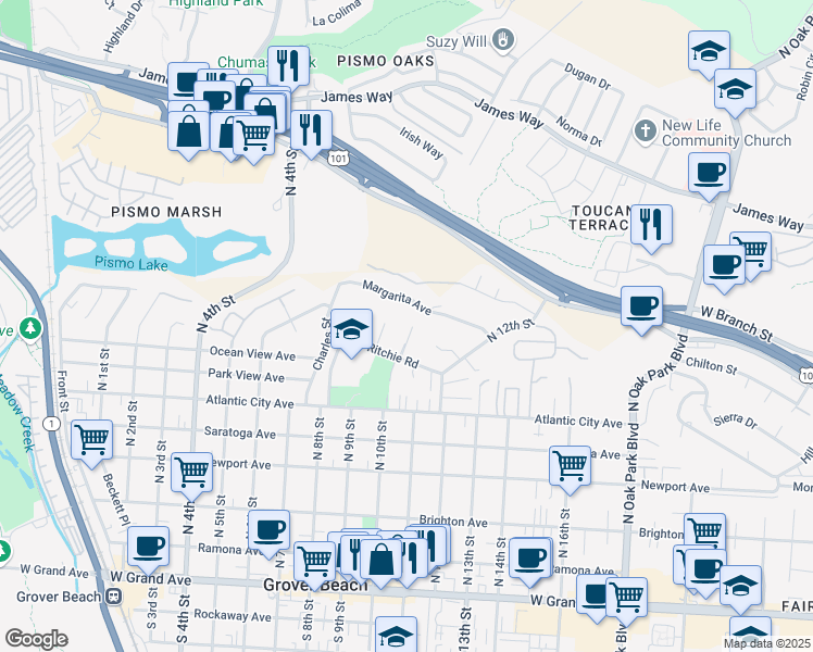 map of restaurants, bars, coffee shops, grocery stores, and more near 1039 Ritchie Road in Grover Beach