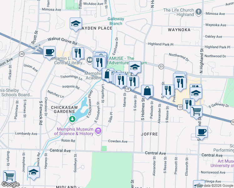 map of restaurants, bars, coffee shops, grocery stores, and more near 62 East Lafayette Circle in Memphis