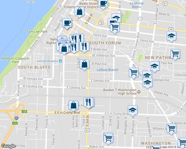 map of restaurants, bars, coffee shops, grocery stores, and more near 247 Webster Avenue in Memphis