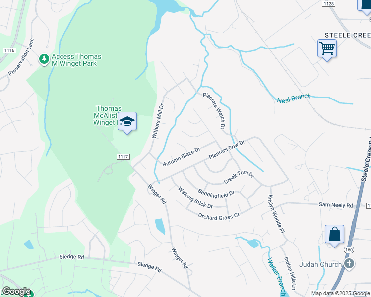 map of restaurants, bars, coffee shops, grocery stores, and more near 606 English Oak Lane in Charlotte