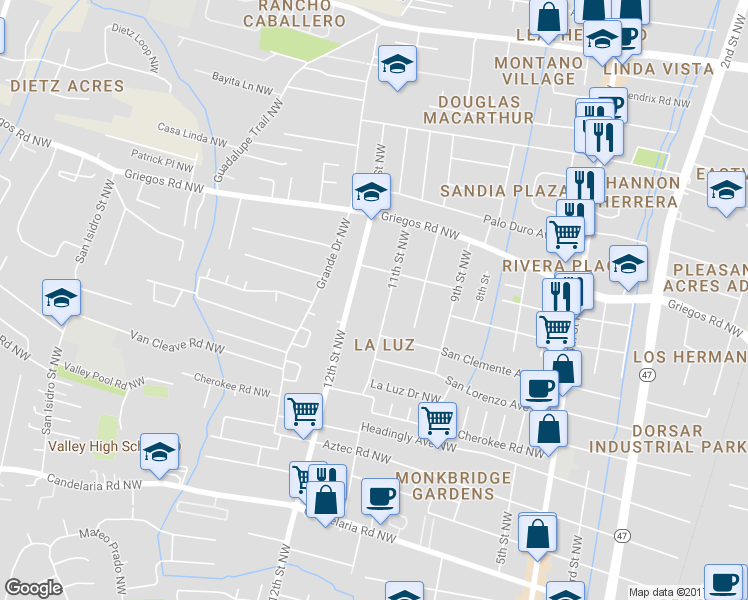 map of restaurants, bars, coffee shops, grocery stores, and more near 4429 11th Street Northwest in Albuquerque