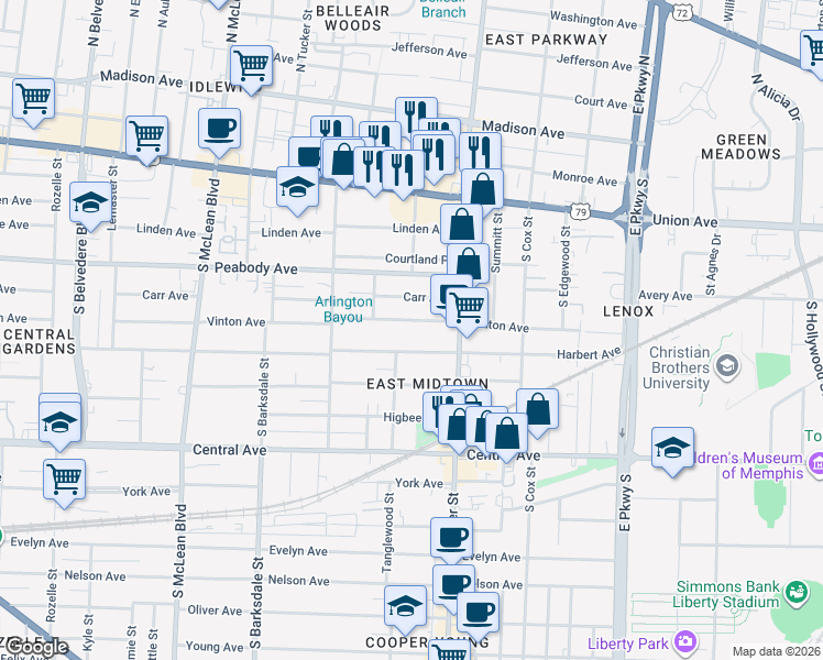 map of restaurants, bars, coffee shops, grocery stores, and more near 2077 Vinton Avenue in Memphis