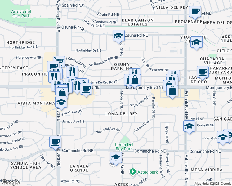 map of restaurants, bars, coffee shops, grocery stores, and more near 9001 Hendrix Road Northeast in Albuquerque