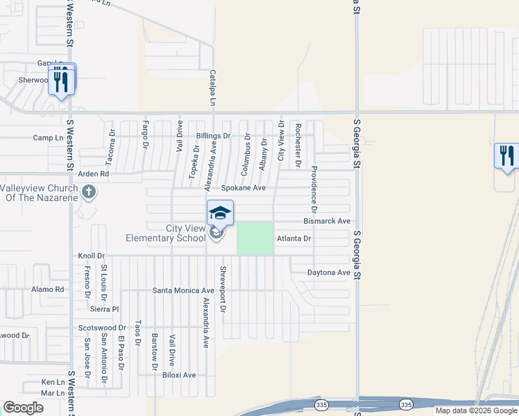 map of restaurants, bars, coffee shops, grocery stores, and more near 3201 Portland Avenue in Amarillo