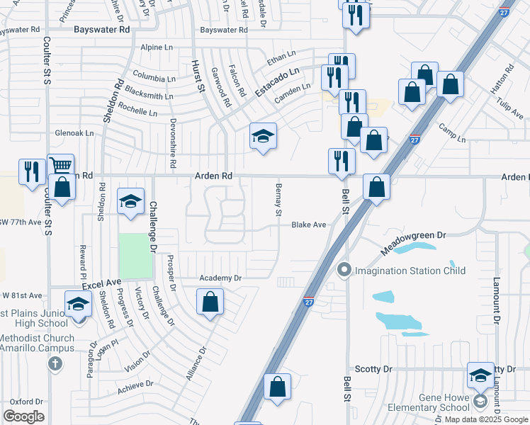 map of restaurants, bars, coffee shops, grocery stores, and more near 7500 Bernay Street in Amarillo