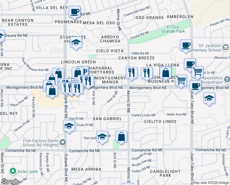 map of restaurants, bars, coffee shops, grocery stores, and more near 4112 Asper Court Northeast in Albuquerque