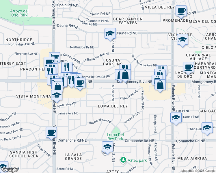 map of restaurants, bars, coffee shops, grocery stores, and more near 9001 Hendrix Road Northeast in Albuquerque