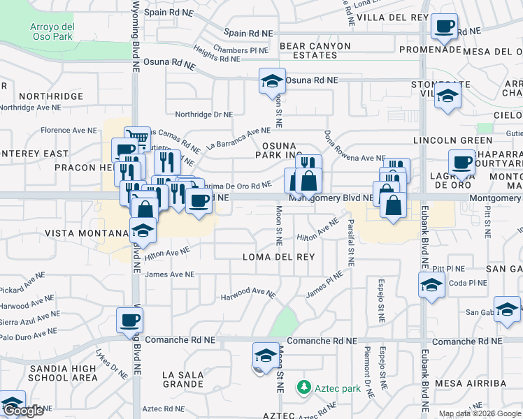 map of restaurants, bars, coffee shops, grocery stores, and more near 9001 Hendrix Road Northeast in Albuquerque