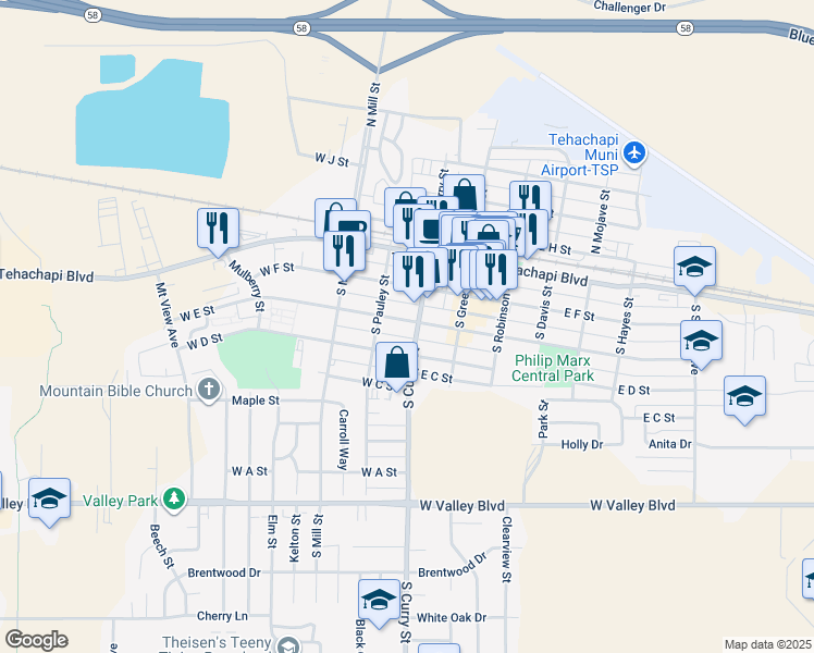 map of restaurants, bars, coffee shops, grocery stores, and more near in Tehachapi