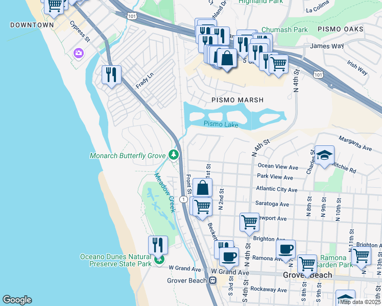 map of restaurants, bars, coffee shops, grocery stores, and more near 804 Front Street in Grover Beach