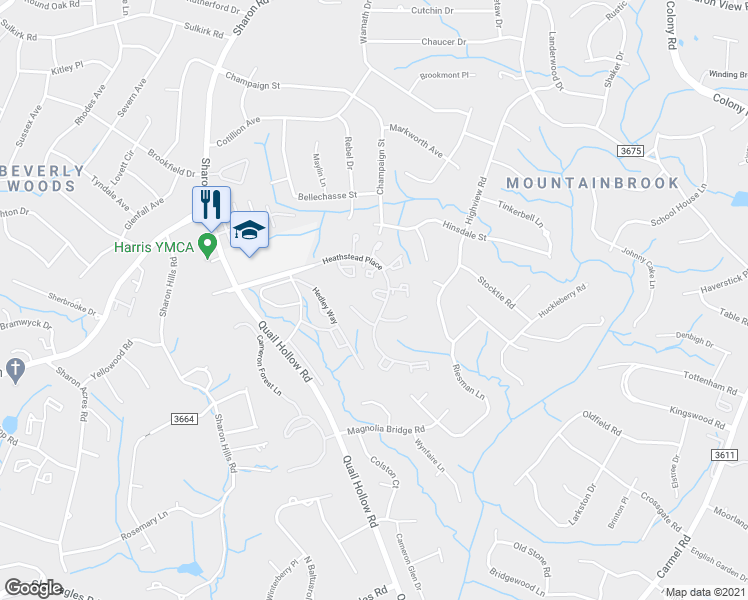 map of restaurants, bars, coffee shops, grocery stores, and more near 3133 Heathstead Place in Charlotte