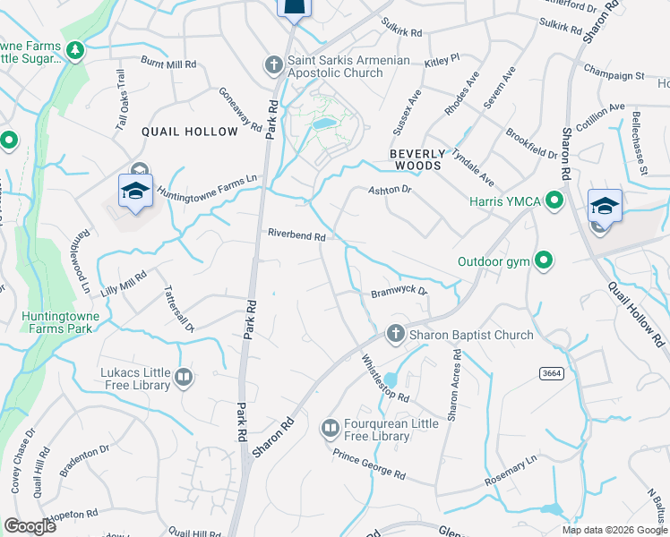 map of restaurants, bars, coffee shops, grocery stores, and more near 7531 Whistlestop Road in Charlotte