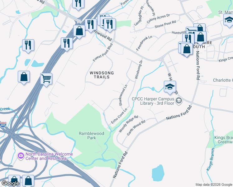 map of restaurants, bars, coffee shops, grocery stores, and more near in Charlotte