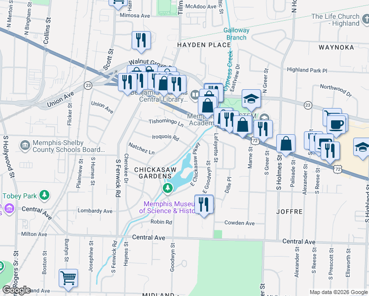 map of restaurants, bars, coffee shops, grocery stores, and more near 65 West Chickasaw Parkway in Memphis