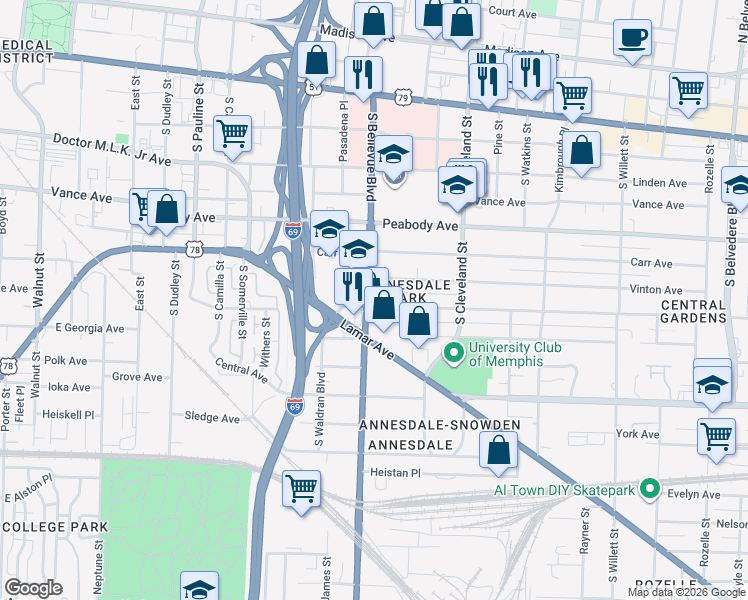 map of restaurants, bars, coffee shops, grocery stores, and more near 1228 Harbert Avenue in Memphis