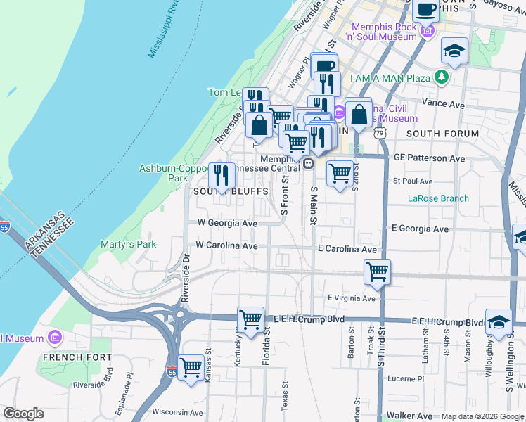 map of restaurants, bars, coffee shops, grocery stores, and more near 629 South Front Street in Memphis
