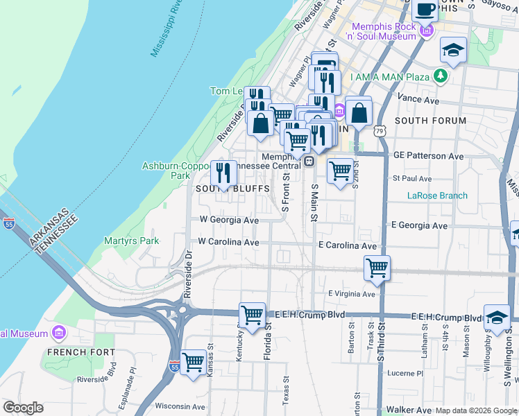 map of restaurants, bars, coffee shops, grocery stores, and more near 34 East Riverview Drive in Memphis