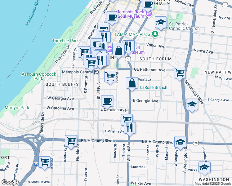 map of restaurants, bars, coffee shops, grocery stores, and more near 167 Webster Avenue in Memphis