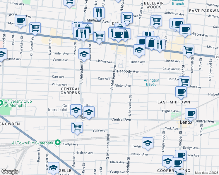 map of restaurants, bars, coffee shops, grocery stores, and more near 583 South McLean Boulevard in Memphis