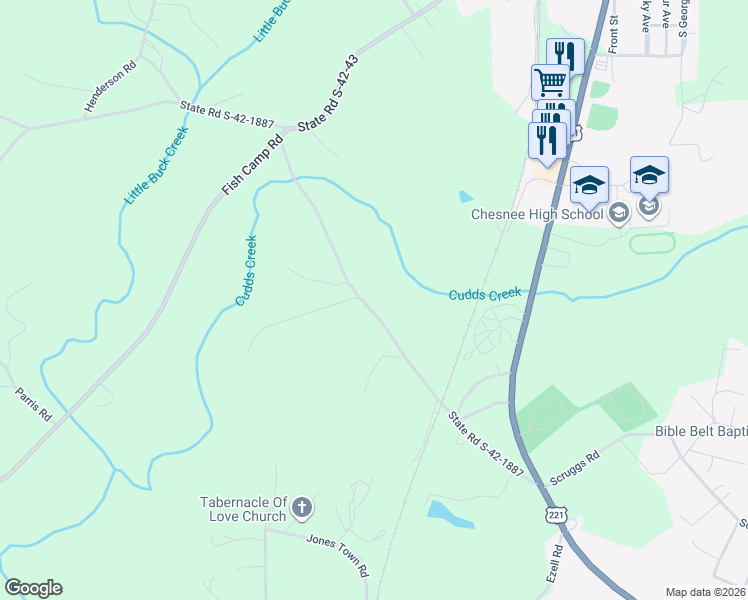 map of restaurants, bars, coffee shops, grocery stores, and more near 240 Overhead Bridge Road in Chesnee