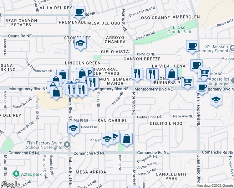 map of restaurants, bars, coffee shops, grocery stores, and more near 4112 Asper Court Northeast in Albuquerque