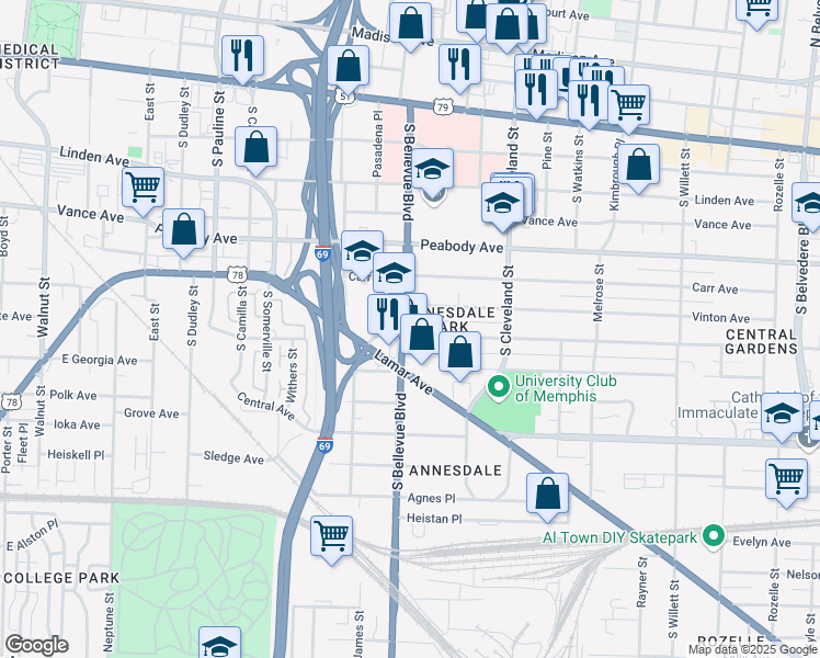 map of restaurants, bars, coffee shops, grocery stores, and more near 1228 Harbert Avenue in Memphis