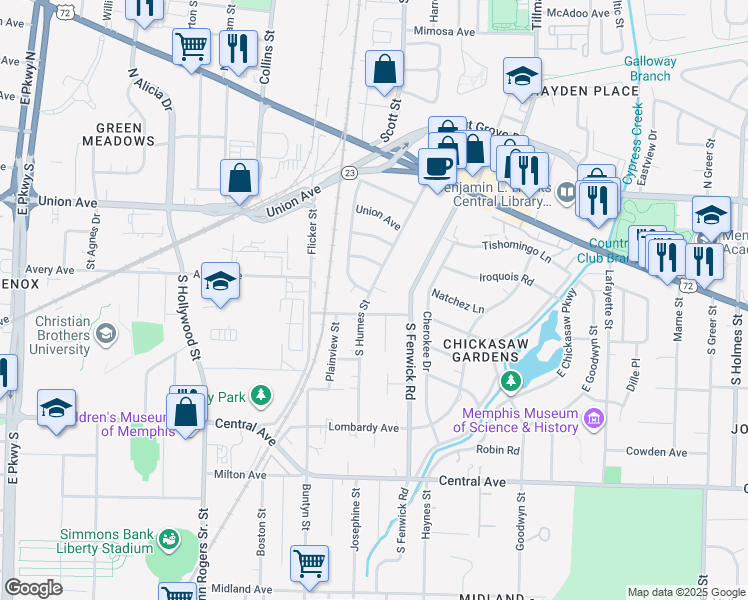 map of restaurants, bars, coffee shops, grocery stores, and more near 80 South Humes Street in Memphis