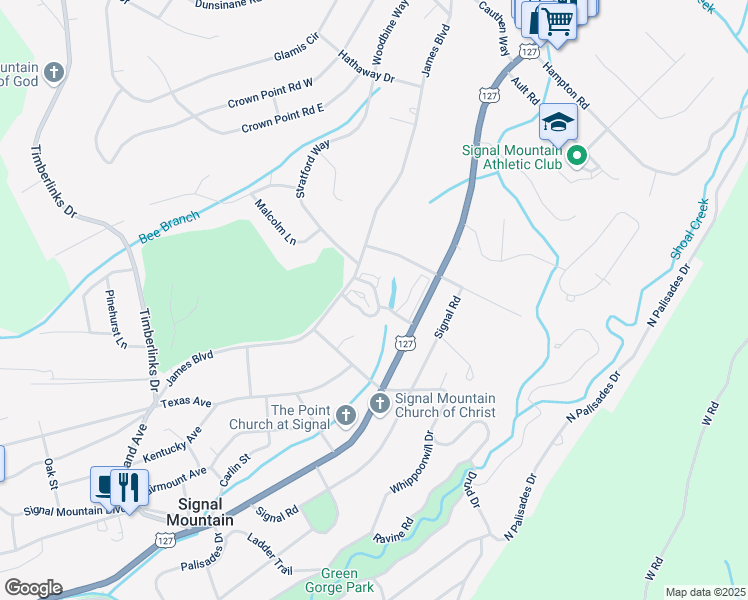 map of restaurants, bars, coffee shops, grocery stores, and more near 1111 Ridgeway Avenue in Signal Mountain