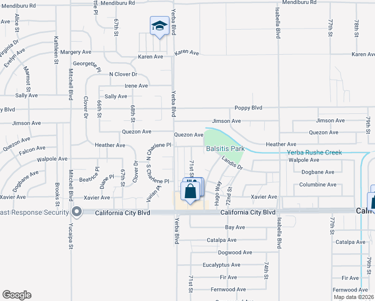 map of restaurants, bars, coffee shops, grocery stores, and more near 21249 71st Street in California City