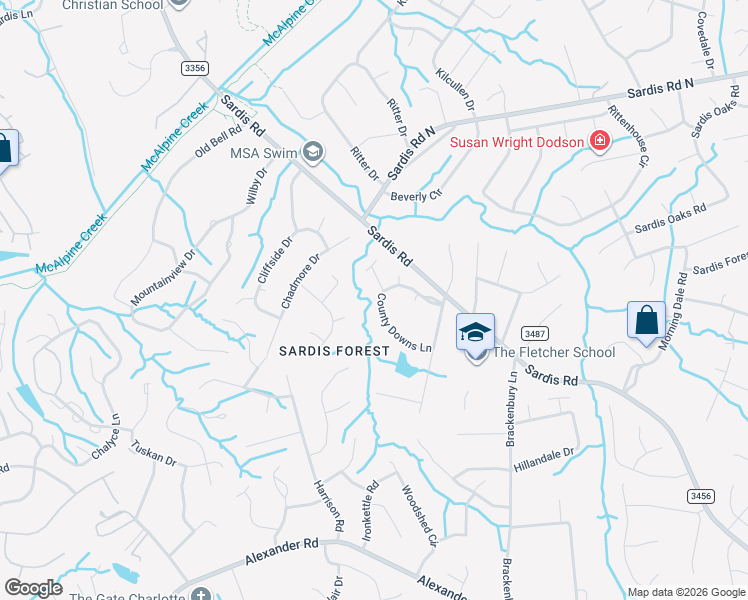 map of restaurants, bars, coffee shops, grocery stores, and more near 8228 County Downs Lane in Charlotte
