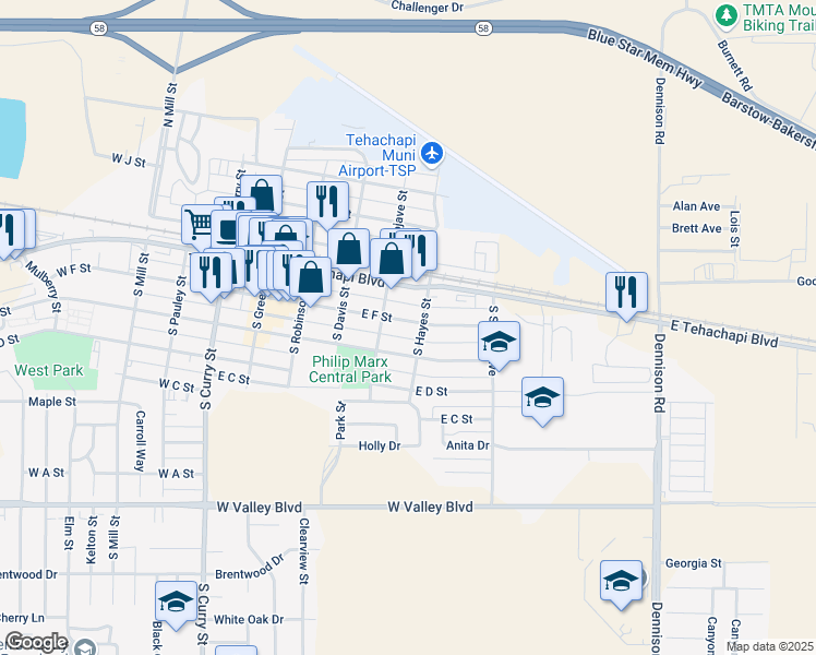map of restaurants, bars, coffee shops, grocery stores, and more near 426 East F Street in Tehachapi