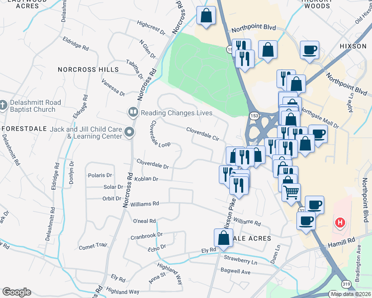 map of restaurants, bars, coffee shops, grocery stores, and more near 4510 Cloverdale Loop in Chattanooga
