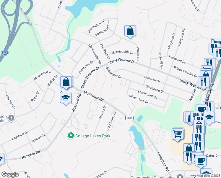 map of restaurants, bars, coffee shops, grocery stores, and more near 3712 Linton Hall Road in Fayetteville