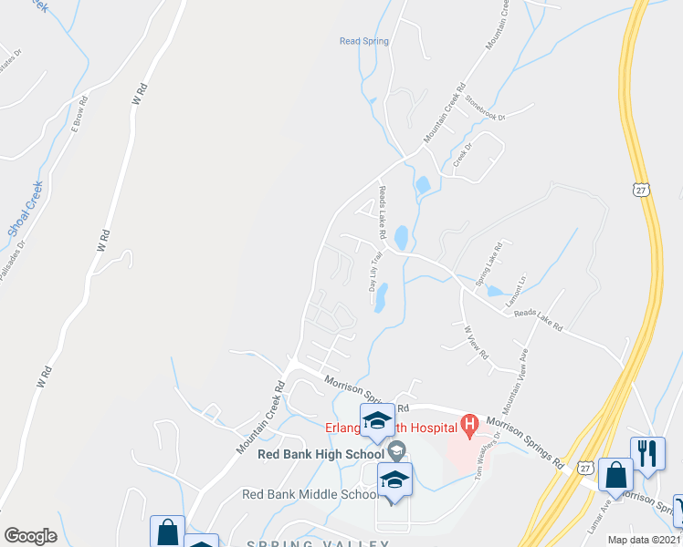 map of restaurants, bars, coffee shops, grocery stores, and more near 4110 Mountain Creek Road in Chattanooga