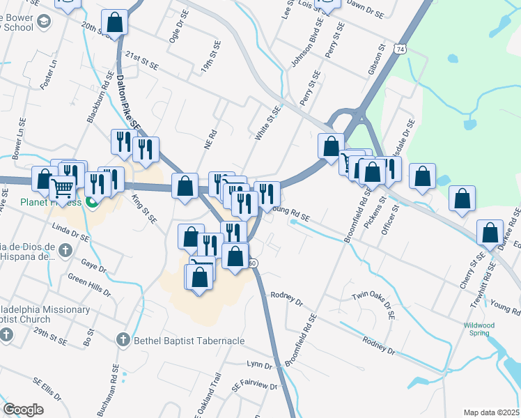 map of restaurants, bars, coffee shops, grocery stores, and more near 1822 Young Road Southeast in Cleveland