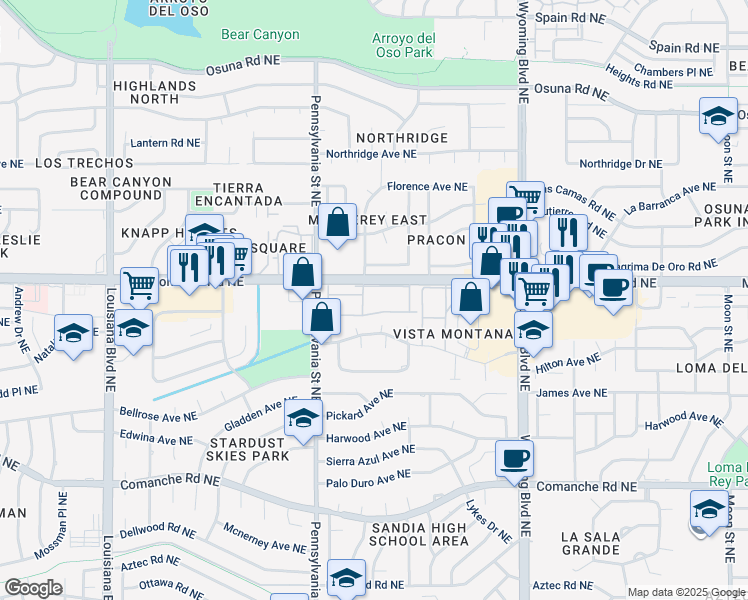 map of restaurants, bars, coffee shops, grocery stores, and more near 7600 Montgomery Boulevard Northeast in Albuquerque