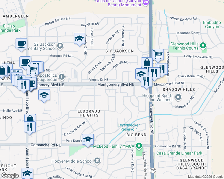 map of restaurants, bars, coffee shops, grocery stores, and more near 12200 Montgomery Boulevard Northeast in Albuquerque