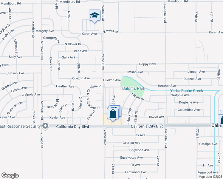 map of restaurants, bars, coffee shops, grocery stores, and more near 7020 Landis Drive in California City
