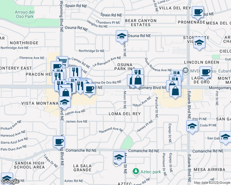 map of restaurants, bars, coffee shops, grocery stores, and more near 9001 Hendrix Road Northeast in Albuquerque
