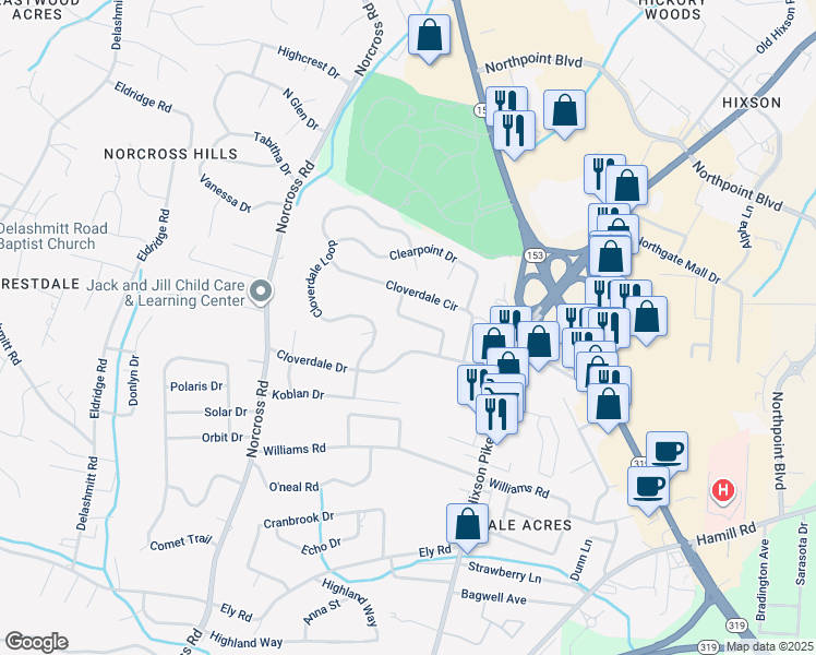 map of restaurants, bars, coffee shops, grocery stores, and more near 1412 August Drive in Chattanooga
